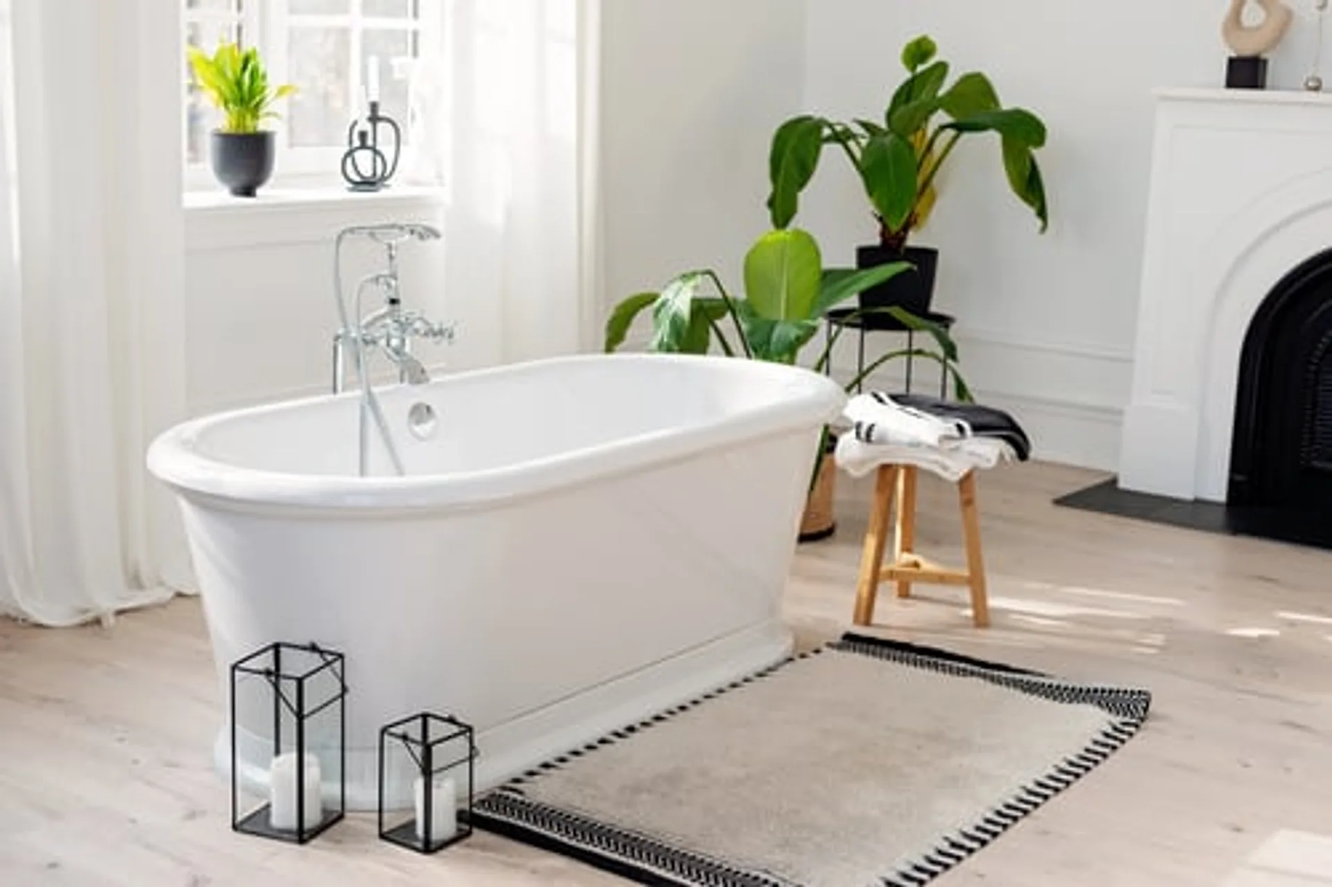 Elegant bathroom with a freestanding tub after a professional cleaning