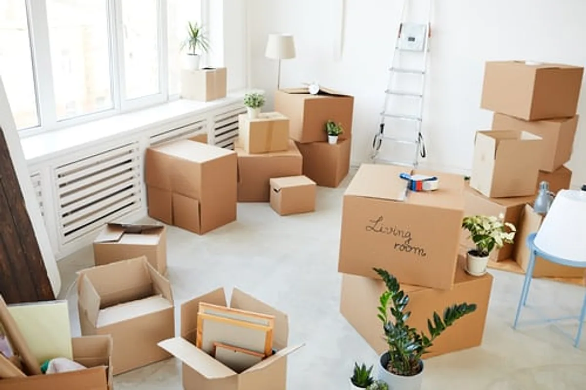 Moving boxes in a bright empty living room prepared for move-out cleaning