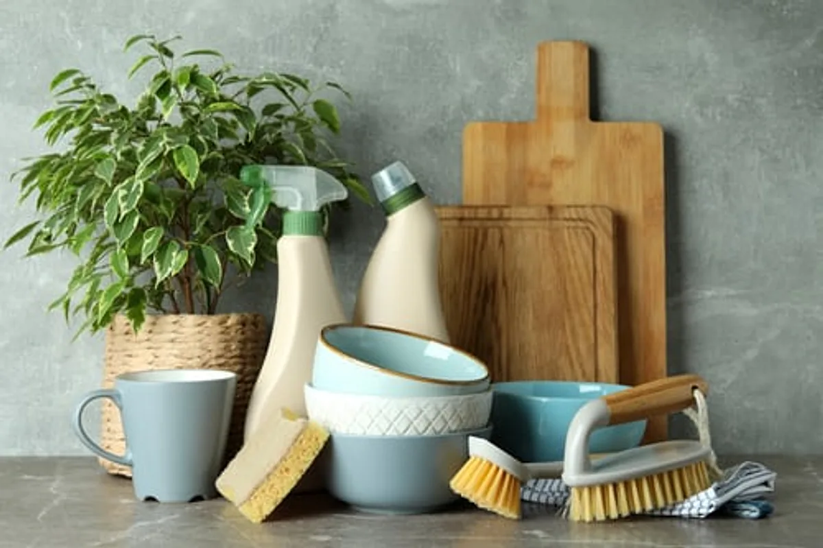 Neatly arranged cleaning supplies ready for a scheduled recurring home cleaning visit